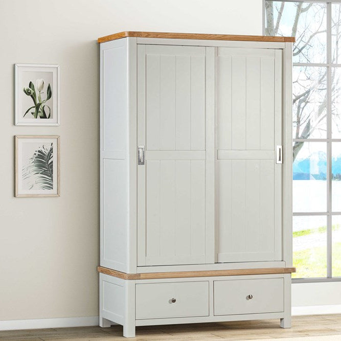 Papaya Foxington Double Sliding Doors Wardrobe in Off White Painted with natural oak wood trim, two lower storage drawers and silver handles