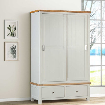 Papaya Foxington Double Sliding Doors Wardrobe in Off White Painted with natural oak wood trim, two lower storage drawers and silver handles