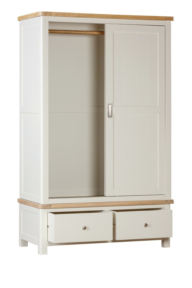 Papaya Foxington Double Sliding Door Wardrobe with two lower storage drawers painted in an off white colour with natural oak trim and silver handles