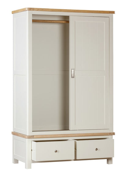 Papaya Foxington Double Sliding Door Wardrobe with two lower storage drawers painted in an off white colour with natural oak trim and silver handles