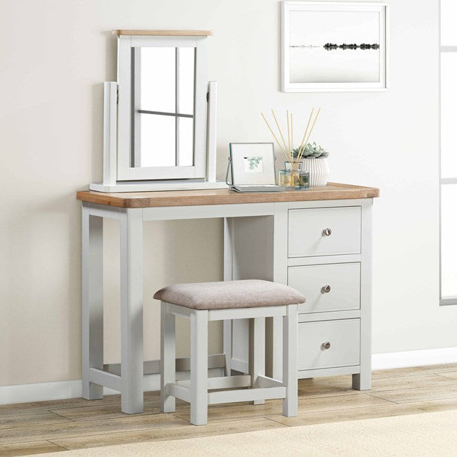Papaya Foxington Dressing Table Set in off white features a 3 drawer dressing table, matching mirror and an upholstered stool