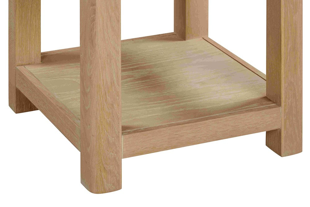 Papaya Foxington Lamp Table in a Natural Solid Oak wood features a lower shelf for additional storage or display purposes