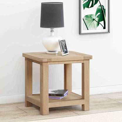 Papaya Foxington Lamp Table crafted from a Solid Natural Oak wood features rounded corner detail and a lower shelf for additional storage