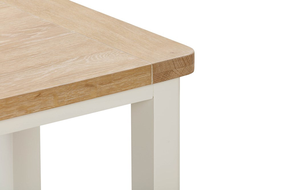 Papaya Foxington Lamp Table in OWP features a natural oak wood table top and an off white painted wood base and lower shelf