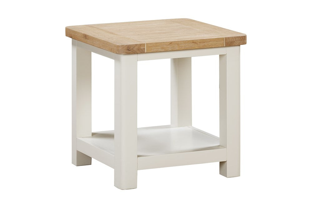 Papaya Foxington Lamp Table with lower shelf in off white painted wood with a natural oak table top