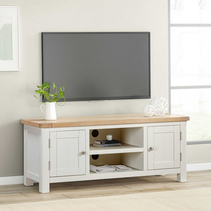 Papaya Foxington Large TV cabinet features an off white wood unit consisting of 2 side cupboards and 2 middle shelves with cable access, and a natural solid oak wood table top