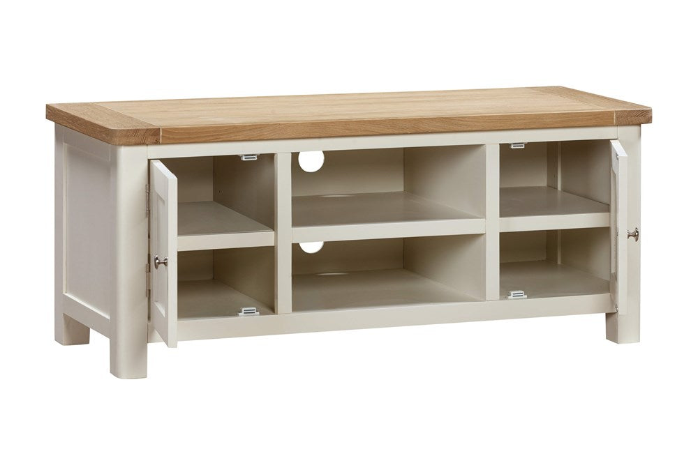 Papaya Foxington Large TV cabinet in an off white painted wood with a natural solid oak cabinet top, 2 side cupboards with internal shelves and 2 open middle shelves with cable access