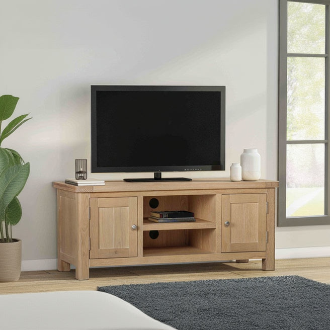 Papaya Foxington Large TV cabinet in solid Natural Oak with 2 cupboard doors and 2 middle shelves with cable access