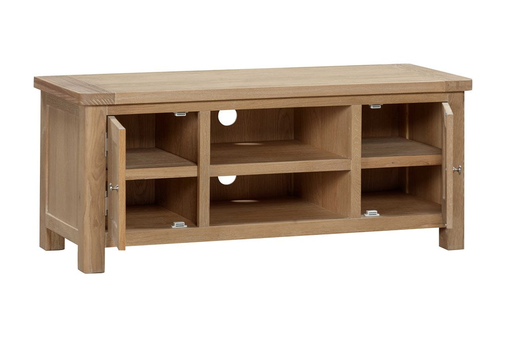 Papaya Foxington Large TV cabinet includes 2 side cupboards with internal shelving and 2 middle open shelves with cable access holes in Natural Oak with silver metal door knobs