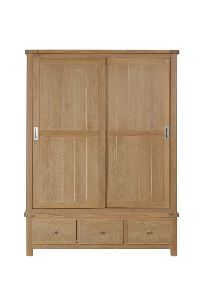 Papaya Foxington Large Wardrobe crafted from solid Natural Oak with silver metal handles features 2 sliding doors and 3 spacious drawers