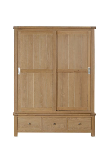 Papaya Foxington Large Wardrobe crafted from solid Natural Oak with silver metal handles features 2 sliding doors and 3 spacious drawers