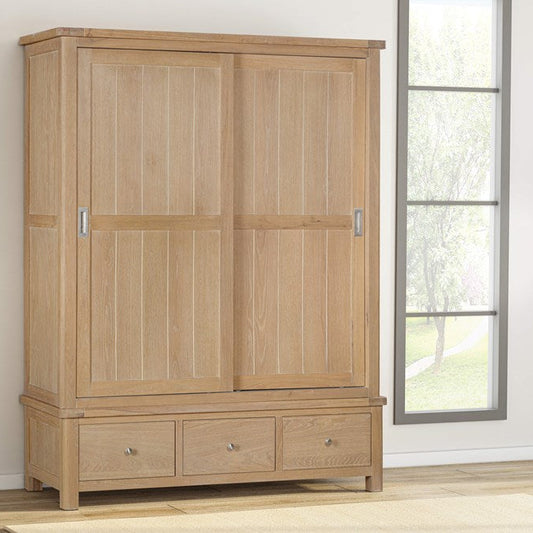 Papaya Foxington Large Wardrobe in solid Natural Oak features two sliding doors and three lower storage drawers 