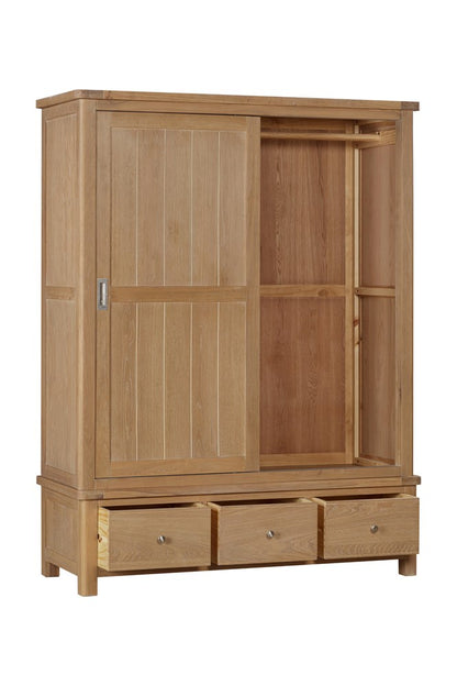 Papaya Foxington Large Wardrobe in Natural solid Oak features 2 sliding doors with spacious interior hanging space, plus 3 lower storage drawers and metal hardware