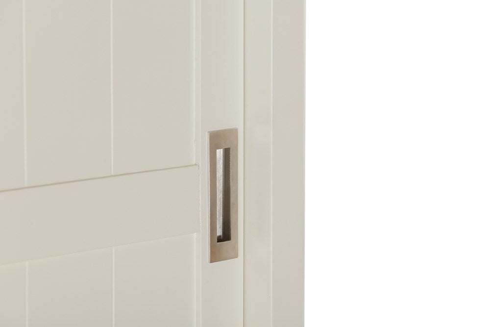 Papaya Foxington Large Wardrobe features 2 sliding doors and 3 lower storage drawers painted in an off white colour with natural oak wood trim and silver hardware