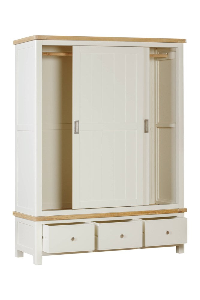 Papaya Foxington Large Wardrobe features sliding wardrobe doors with spacious internal hanging space and 3 lower storage drawers painted in an off white with silver hardware