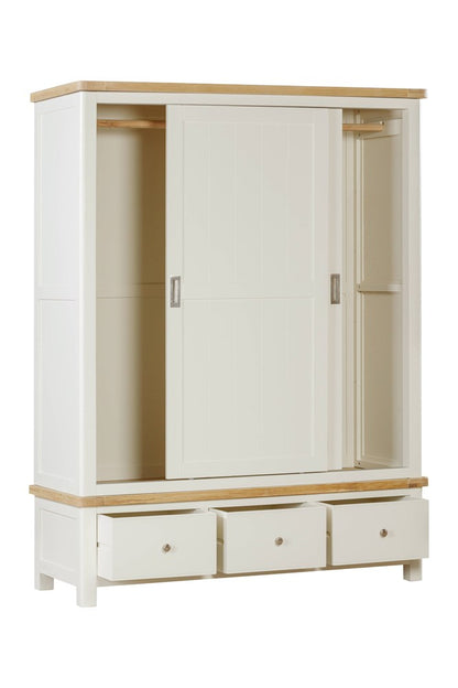 Papaya Foxington Large Wardrobe features sliding wardrobe doors with spacious internal hanging space and 3 lower storage drawers painted in an off white with silver hardware