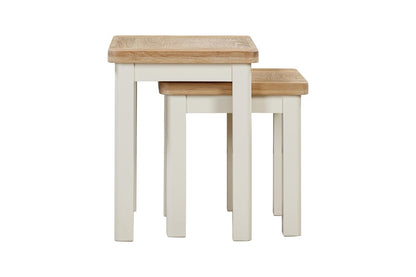 Papaya Foxington Nest of 2 Tables ideal for use as side, coffee or display tables in an off white painted colour with oak wood table tops