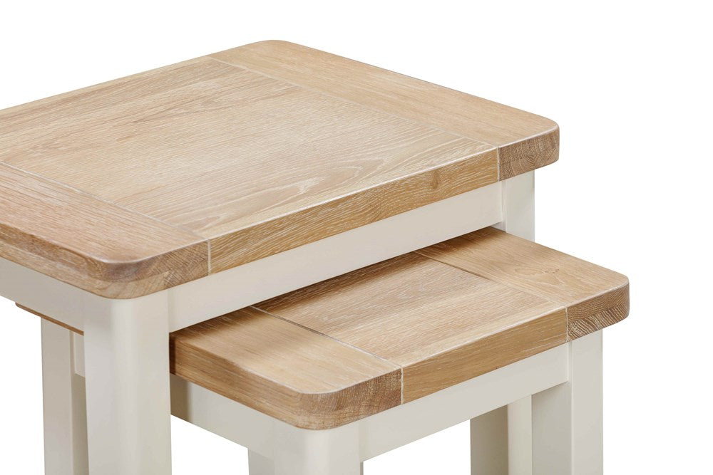 Papaya Foxington Nest of 2 Tables in an off white painted wood with a natural oak wood table top  