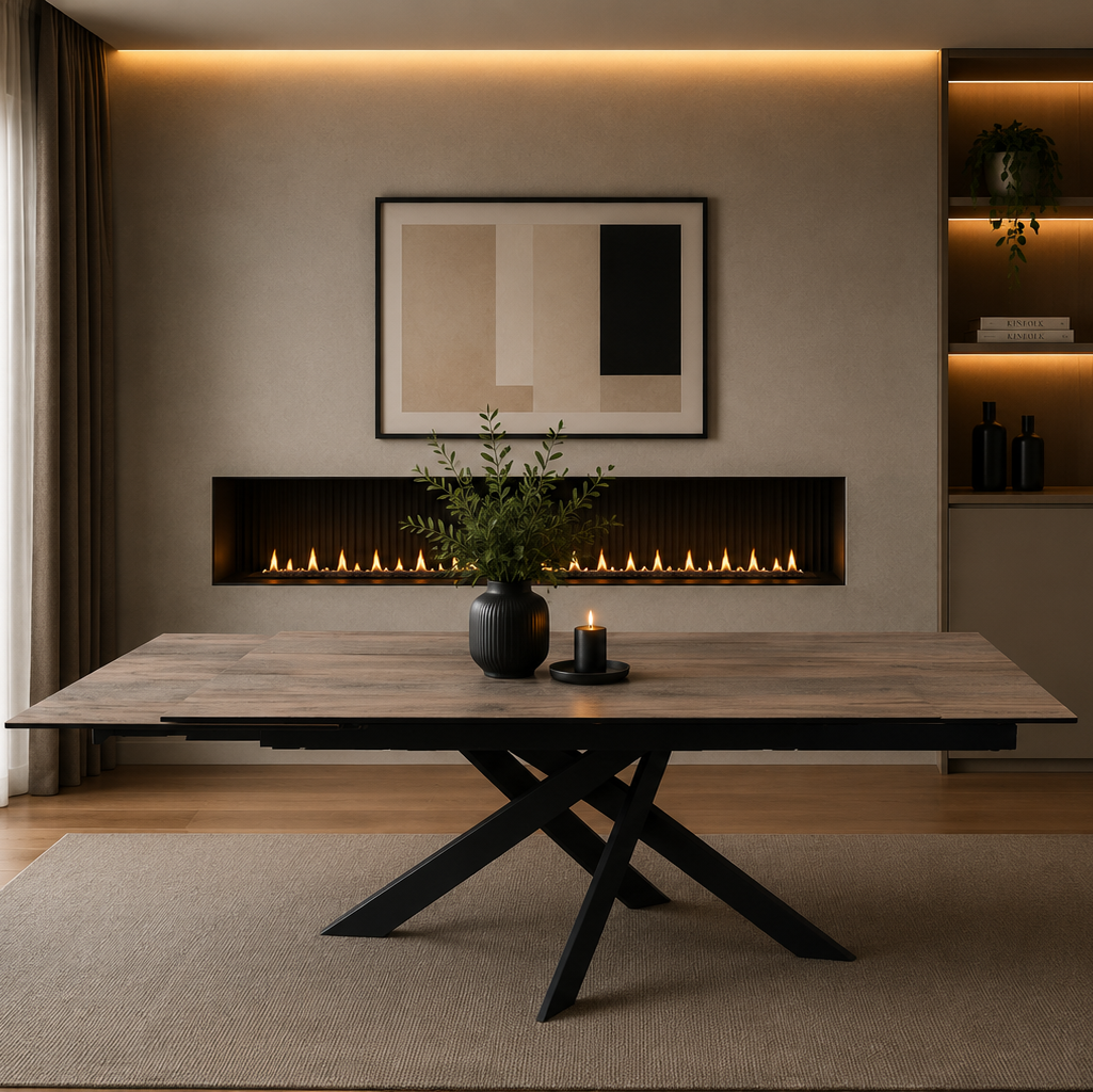 Ravenna 180cm Dining Table in Ceramic Woodgrain with a black crossed base, styled on a rug in front of a fireplace.