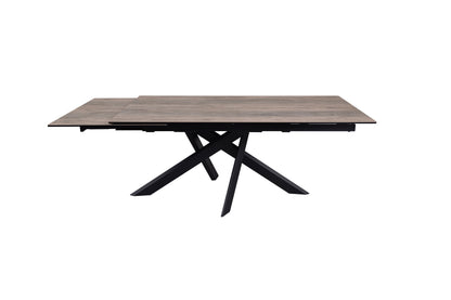 Front studio view of the Ravenna 180cm Dining Table in Ceramic Woodgrain, showing its woodgrain top and black crossed base.