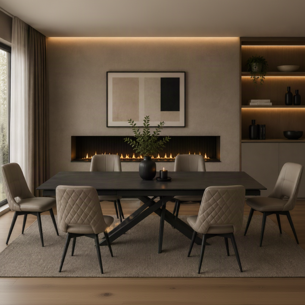 Ravenna Dining Table in Ceramic Volcano with a dark rectangular top and black sculptural base, styled with beige dining chairs.