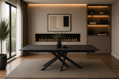 Ravenna Dining Table in Ceramic Volcano with a dark rectangular top and black crossed base, shown in front of a fireplace.