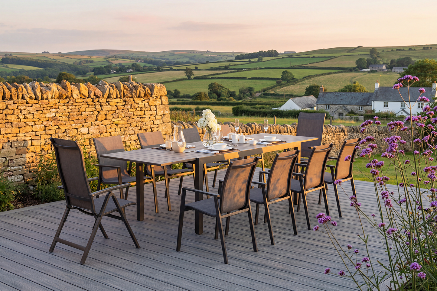 The Royal Garden Catala 10 Seat Mixed Extending Dining Set includes a combination of comfortable chairs, 8 stacking and 2 reclining, plus a rectangular extending table with grooved wood effect table top 
