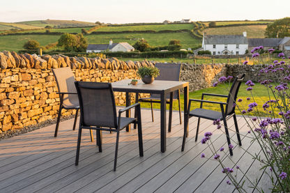 Royal Garden Catala Square Dining Set with 4 stackable dining chairs and a square table with aluminium frame and a wood-effect table top