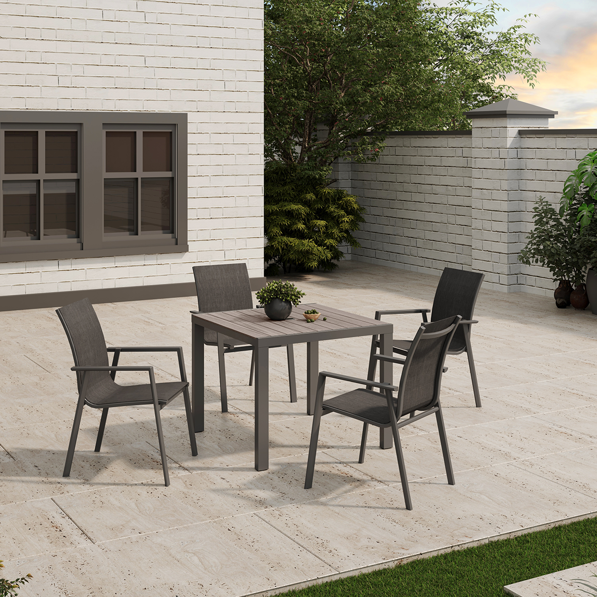 Royal Garden Catala 4 Seat Square Dining Set includes a square dining table with wood-effect table top, and four stacking chairs in a sleek charcoal grey colour finish