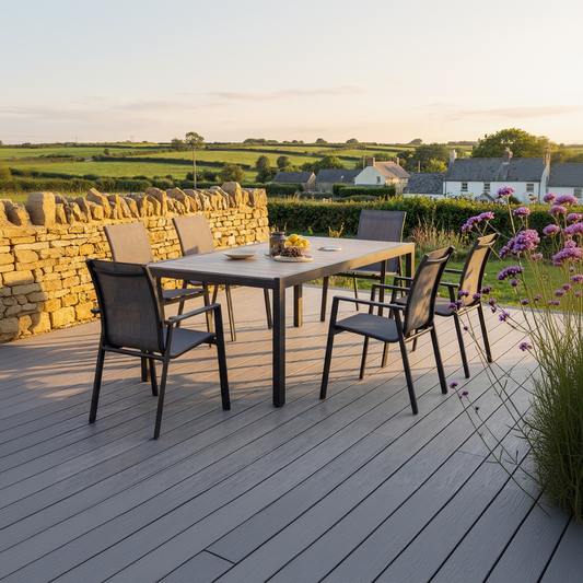 The Royal Garden Catala 6 Seater Mixed Dining Set features a table constructed from an aluminium frame and wood-effect grooved top, with six stackable dining chairs