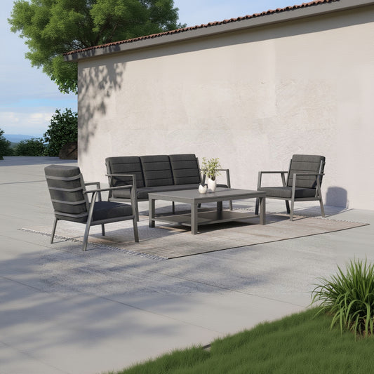 The Royal Garden Catalina Lounge Set is a 4 Piece set comprising of a 3 seater sofa with cushions, 2 armchairs with cushions and a matching coffee table