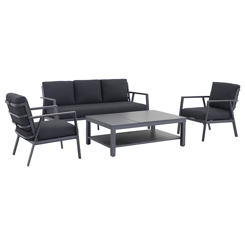 Royal Garden Catalina 4 Piece Lounge Set comprises of 2 armchairs with cushions, a 3 seater sofa with cushions and a matching adjustable coffee table