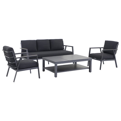 Royal Garden Catalina 4 Piece Lounge Set comprises of 2 armchairs with cushions, a 3 seater sofa with cushions and a matching adjustable coffee table