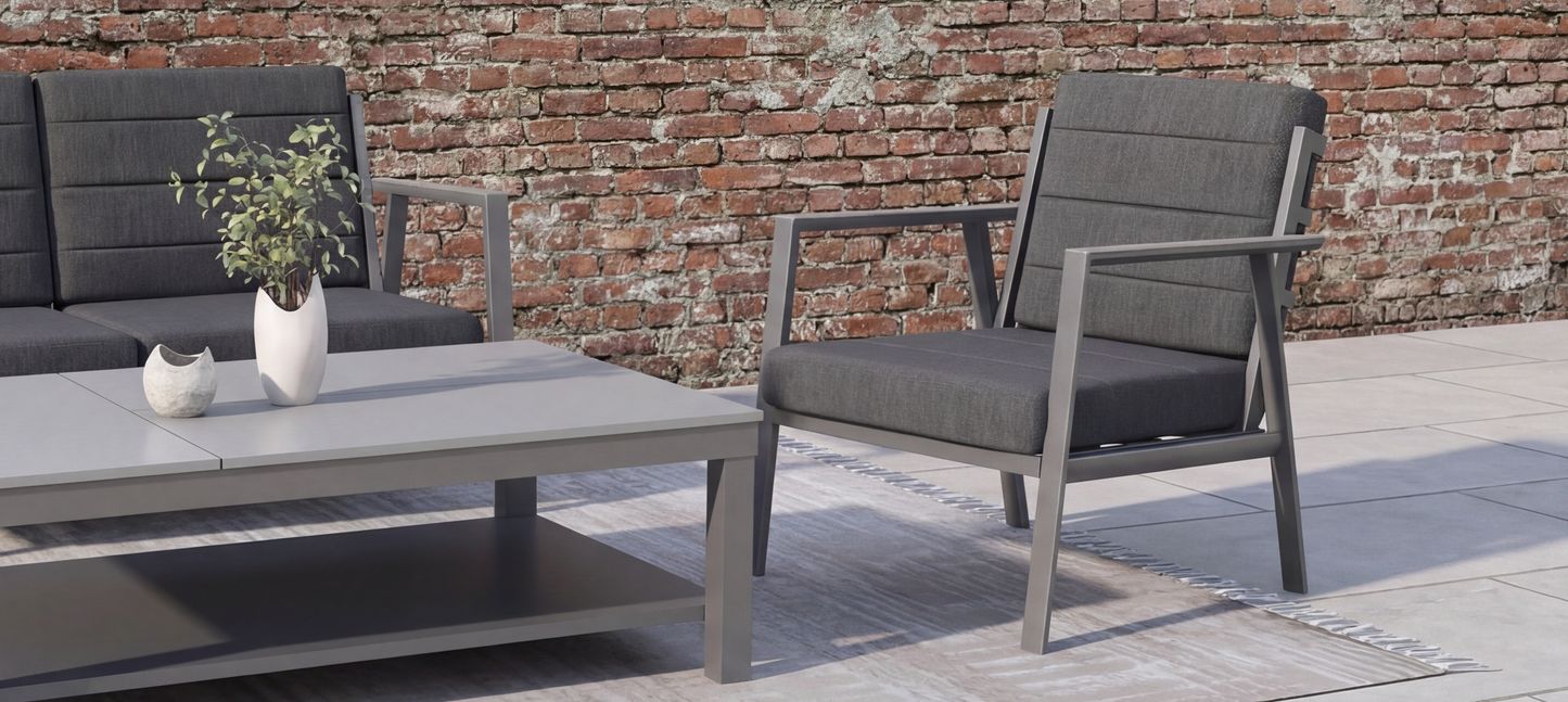 Royal Garden Catalina 4 Piece Lounge Set features a charcoal grey finish 3 seater sofa, 2 armchairs and a rectangular coffee table