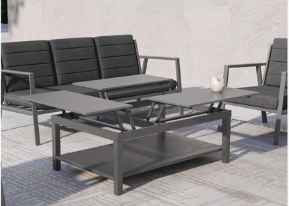 Royal Garden Catalina 4 Piece Lounge Set features a 3 seater sofa with cushions, 2 armchairs with cushions and an adjustable coffee table in a charcoal grey finish