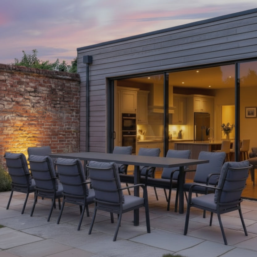 Royal Garden Cordoba 10 Seat Extending Dining Set is ideal for larger families, featuring a stunning polywood table top and aluminium frame, with 10 luxuriously cushioned armchairs 