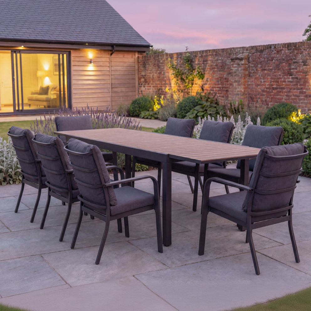 Royal Garden Cordoba 8 Seat Extending Dining Set features a polywood slatted table top and aluminium frame, with 8 luxuriously cushioned armchairs