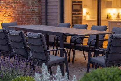 Royal Garden Cordoba 8 Seat Extending Dining Set made from robust aluminium and a durable polywood slatted table top, features 8 luxuriously cushioned armchairs for comfortable dining