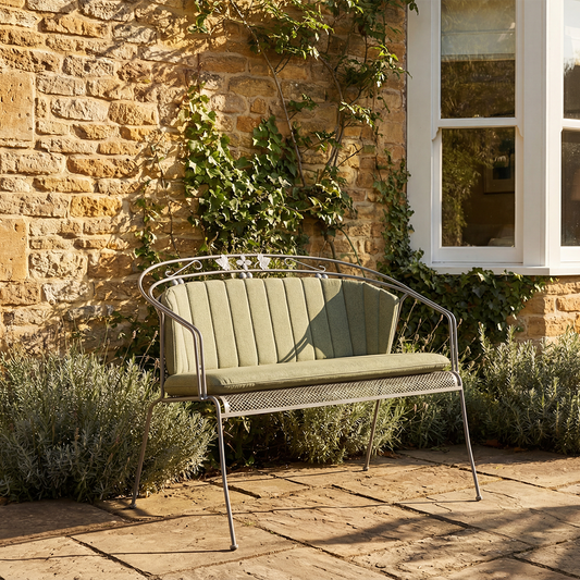 Royal Garden Elegance 2 Seater outdoor bench features an elegant aluminium frame and a comfortable green padded seat and backrest cushion