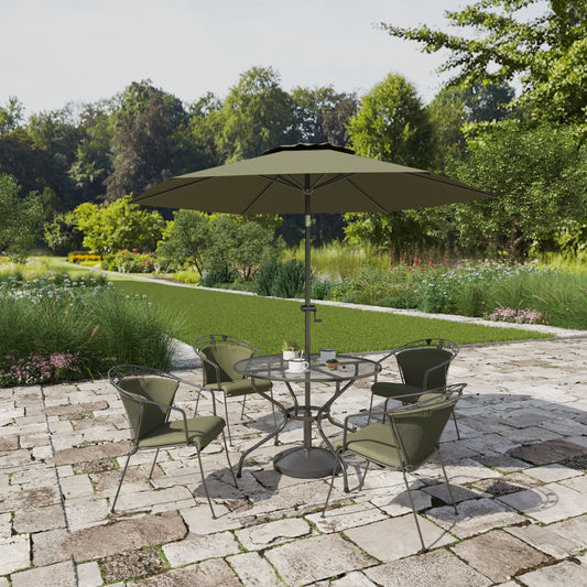 Royal Garden Elegance Dining Set features a round aluminium table with a parasol hole, and 4 elegant detailed chairs with comfortable green seat cushions 