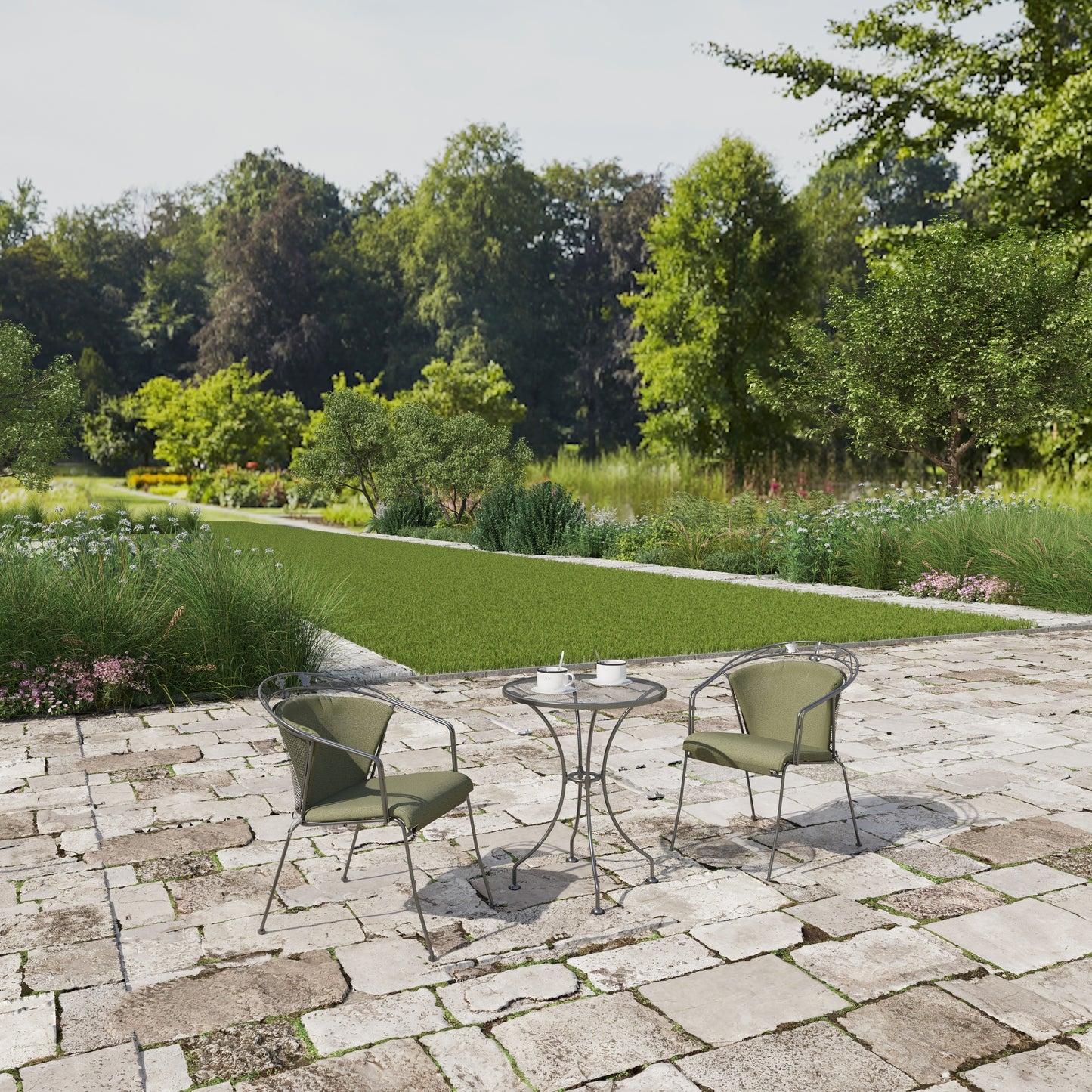 Royal Garden Elegance 60cm Round Bistro Set features 2 elegant chairs with green seat cushions and a small bistro table perfect for alfresco morning coffee