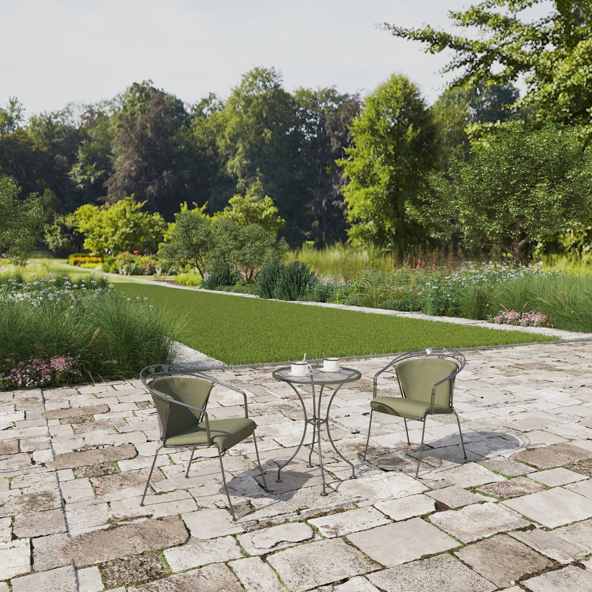 Royal Garden Elegance 60cm Round Bistro Set features 2 elegant chairs with green seat cushions and a small bistro table perfect for alfresco morning coffee