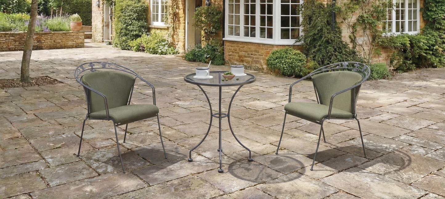 Royal Garden Elegance Bistro Set features a 60cm round table and 2 elegant detailed chairs with green padded seat cushions