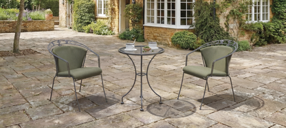Royal Garden Elegance Bistro Set features a 60cm round table and 2 elegant detailed chairs with green padded seat cushions