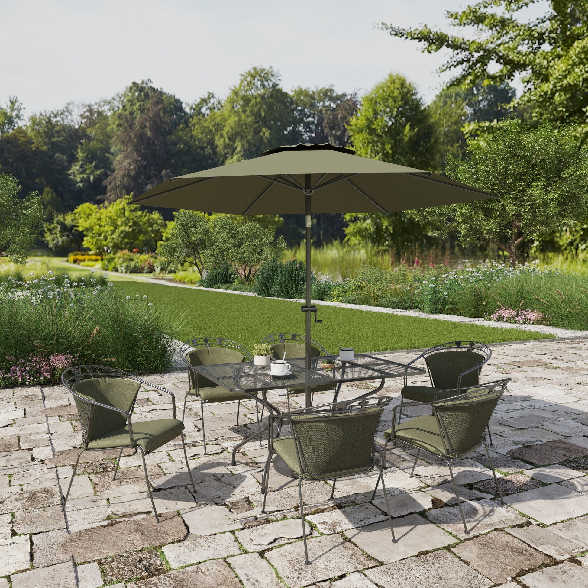 Royal Garden Elegance 6 Seat Dining Set features an aluminium rectangular table and 6 matching chairs with green padded seat cushions