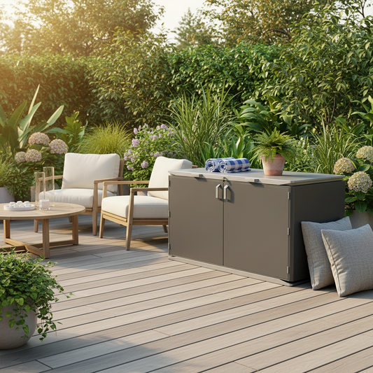 The Royal Garden Elegano 2 Door Large Cushion Box in Iron Grey is a weatherproof storage solution with excellent capacity to accommodate cushions, textiles or garden equipment