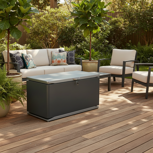 The Royal Garden Elegano Small Cushion Box in an Iron Grey colour is a great outdoor storage solution for cushions and garden tools alike, with a lockable lid to keep items secure