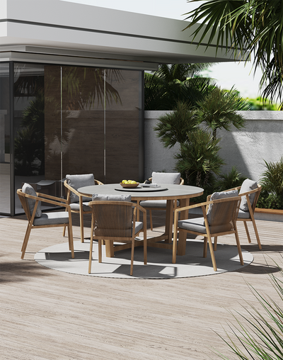 Royal Garden Kanto 6 Seat Round Dining Set features a round dark grey table top and light wooden frame, with coordinating rope detail chairs and cushions