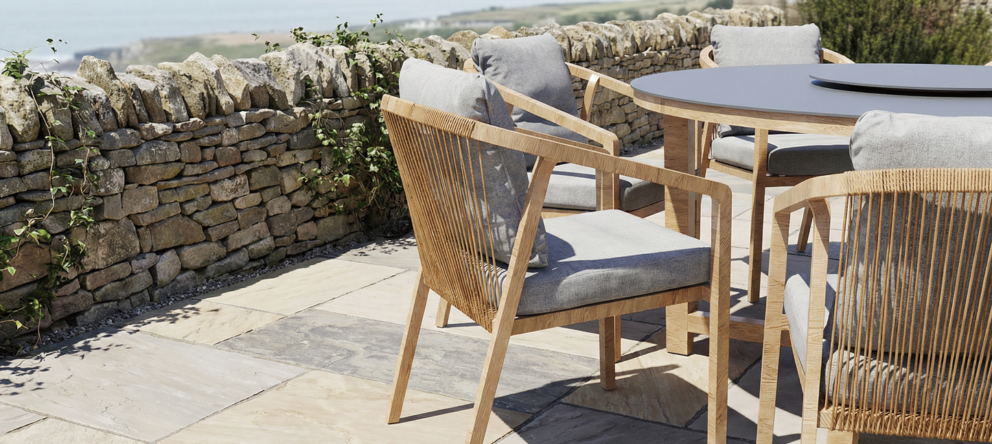 Royal Garden Kanto 8 Seat Round Dining Set features a dark grey table top and light wooden frame and matching chairs with rope detail design and grey cushions