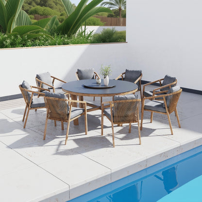 Royal Garden Kanto 8 Seat Round Dining Set is a sophisticated modern collection with a dark grey table top and natural wood frame, 8 matching chairs with rope detail design and deep padded cushions for comfort